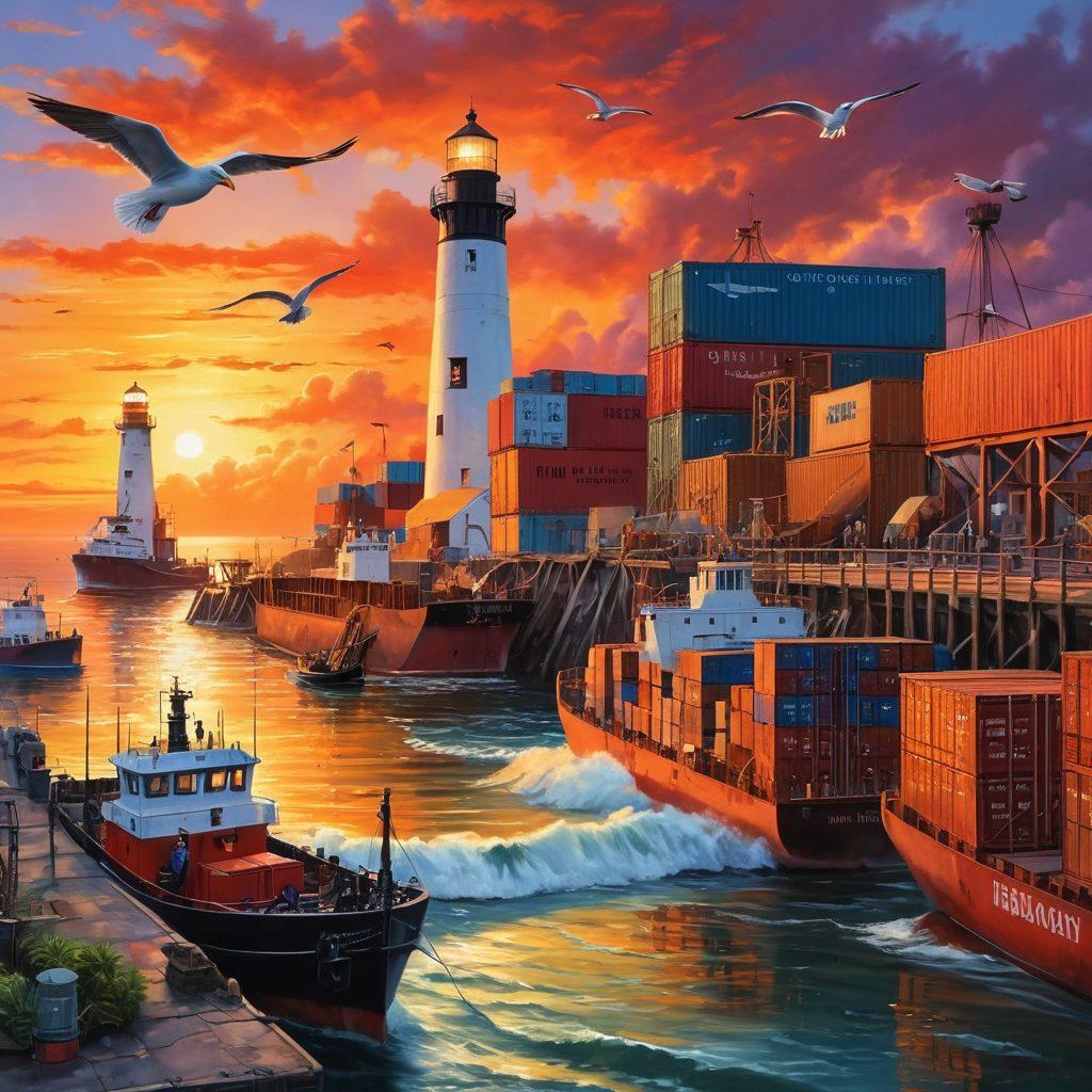 A bustling port in Galveston with ships being loaded and unloaded, large cargo containers stacked high, and workers operating heavy machinery; in the background, sleek modern buildings signify advanced logistics facilities while a historic lighthouse adds a touch of heritage. A seagull flying above against a vibrant sunset sky. super-realistic. vibrant colors. coastal backdrop.
