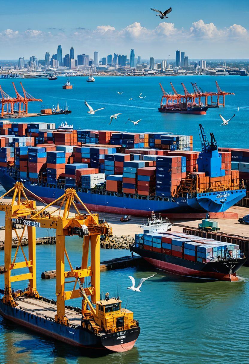 A busy and bustling harbor scene with cargo ships, cranes unloading containers, and forklifts transporting goods. Include detailed signage pointing to different trade services, maritime workers in action, and a backdrop of the Galveston skyline with seagulls flying overhead. super-realistic. vibrant colors.