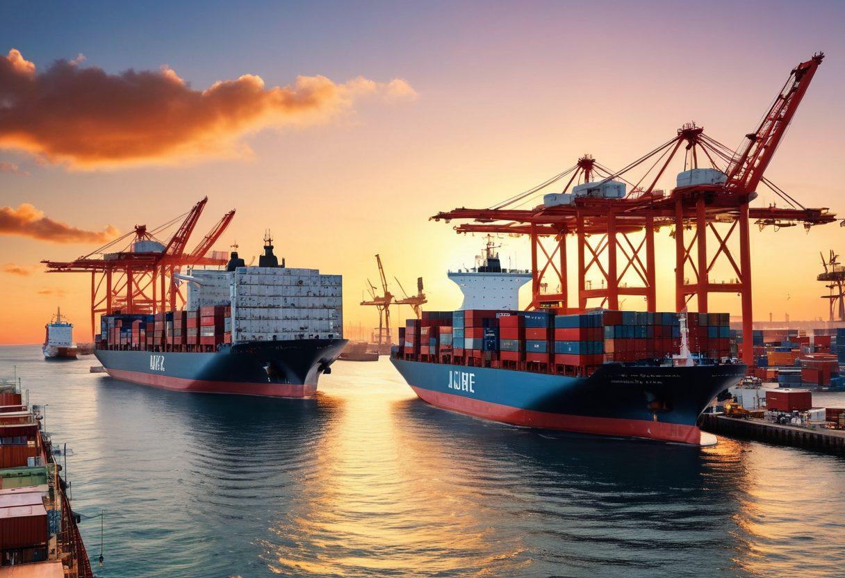 A bustling port scene with colossal cargo ships, towering cranes, and containers in vibrant hues. Workers in uniform coordinating logistics with a backdrop of azure waters and a setting sun. Detailed signs indicating maritime services and shipping routes. A lighthouse stands tall, guiding the way. super-realistic. vibrant colors. white background.